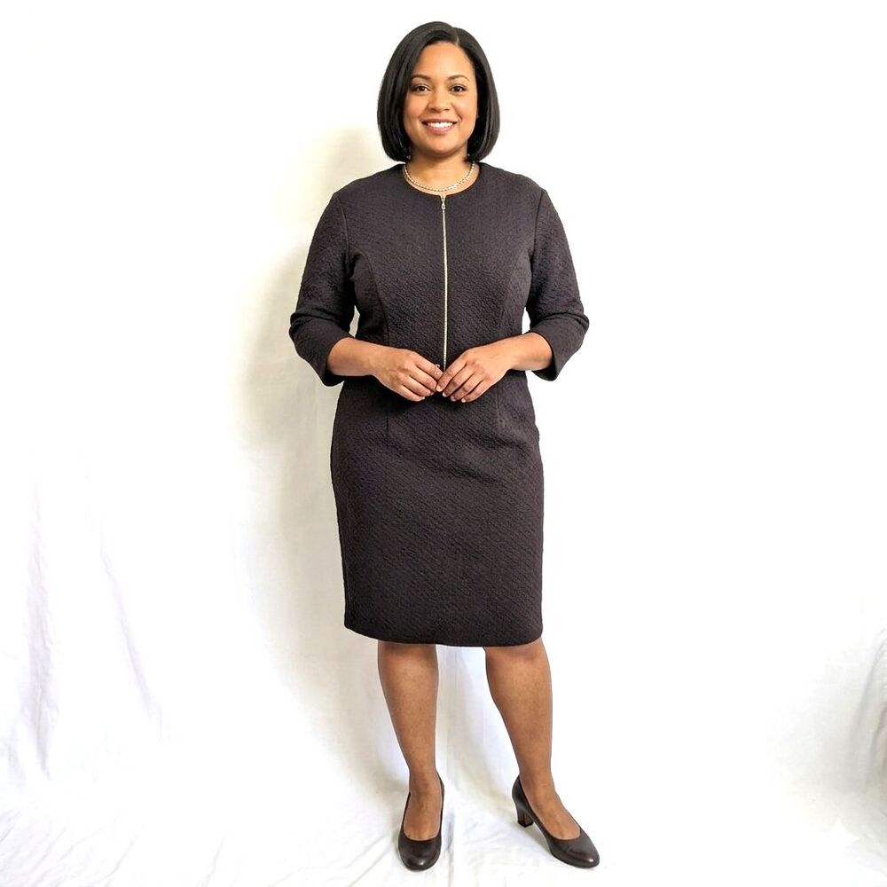 J. Peterman Black Textured Zip Front Dress 14 3/4 Sleeve Corporate Quiet Luxury